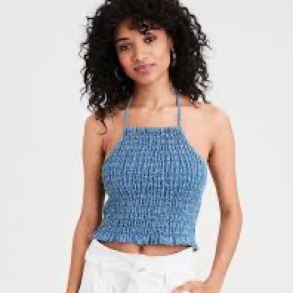 American Eagle Smocked Denim Halter Top